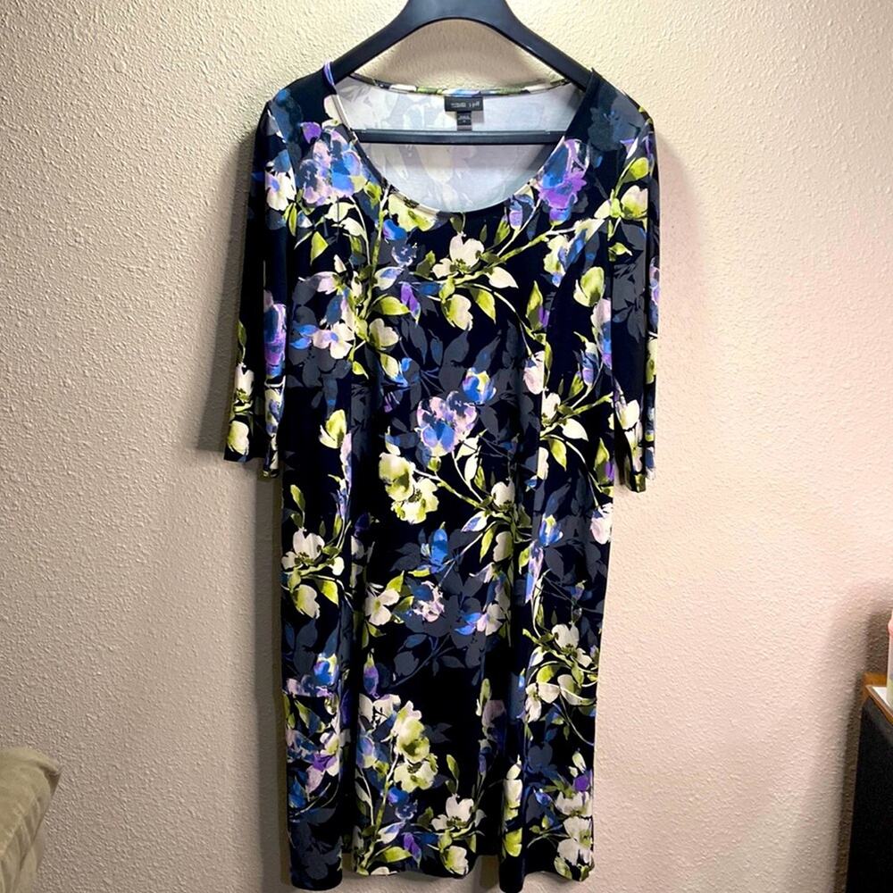 J.Jill Women Wearever Collection Black Floral Lagenlook Style Dress Size M